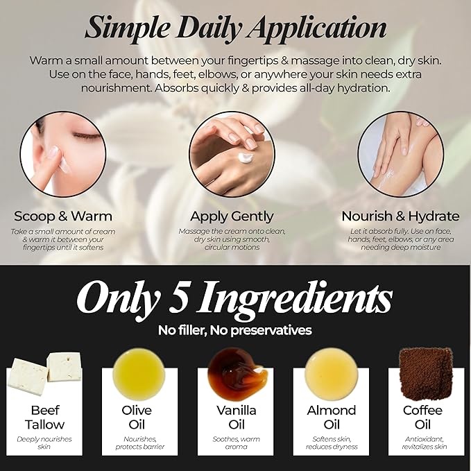ZF 100% Grass Fed Beef Tallow for Skin Care - Face + Body - Natural Organic Lotion - Whipped Moisturizer for Sensitive Skin 4 FL. oz. (Coffee Vanilla)