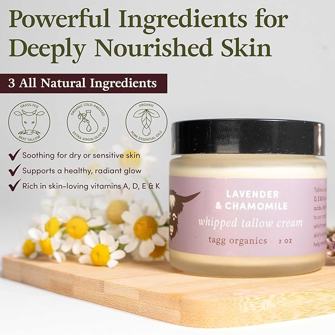 Whipped Tallow Cream for Skin - 100% Organic & Chemical-Free - Deep, Long-Lasting Hydration & Nourishment for Dry & Sensitive Skin (Lavender & Chamomile 2oz)