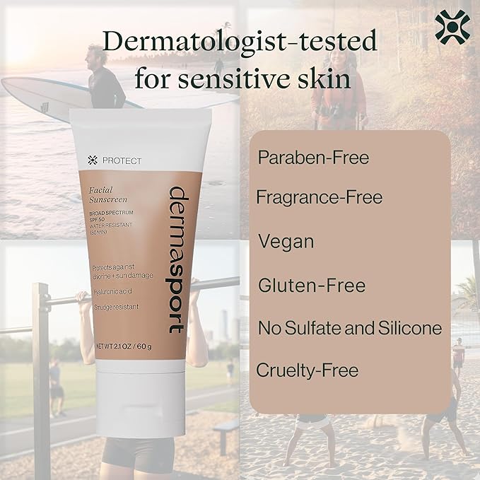 Dermasport SPF 50 Sunscreen for Face Lotion for Athletes, Zinc Oxide Hydrating, Non-Greasy, Broad Spectrum Sun Protection, Oil-Free, Reef-Safe, Face Sunscreen Resistant to every Sport