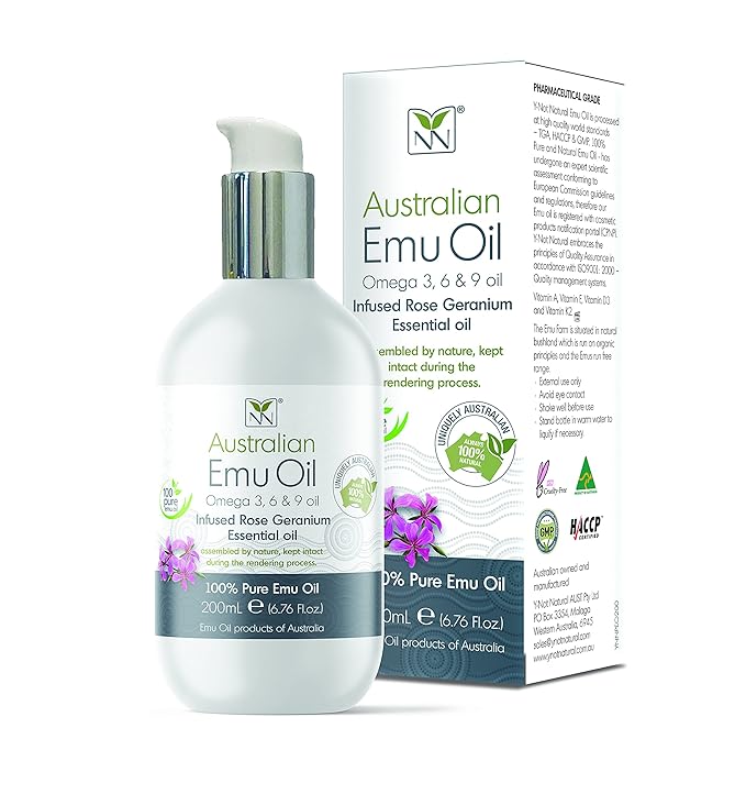 Y Not Natural Pure Emu Oil - Organic Moisture for Face, Body, Hair, Scalp & Nails - Rich in Omega 3-6-9, Vitamins & Essential Minerals - Australian Emu Oil (200ml) 6.76 fl oz - Rose Geranium