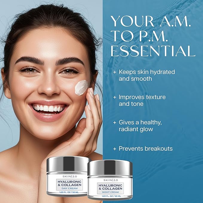 Hyaluronic Acid & Collagen Face Moisturizer – Deep Hydration & Firming Cream for Smooth, Youthful Look – Dermatologist Tested, Korean Skin Care Set, Vegan, Clean Beauty – Day & Night Duo