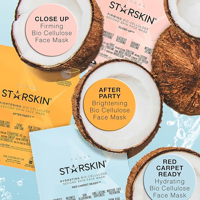 STARSKIN Red Carpet Ready Bio-Cellulose Face Mask – 4 Pack, Hydrating Face Mask for all Skin Types, Instant Hydration & Glass-Skin Glow, Revitalizing and Moisturizing, Korean Skincare