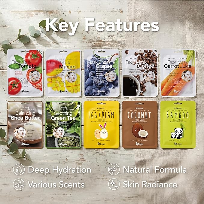 Saplaya Face Masks 6 Pack Scented Facemask Sheets Skin Care Mask Single Scent K-Beauty Natural Formula
