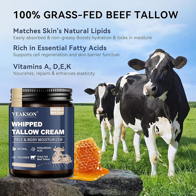 Beef Tallow for Skin, Grass Fed Whipped Beef Tallow and Honey Balm with Anti Aging Retinol, Collagen, Hyaluronic Acid for Face & Body, Wrinkle Skin Care Facial Moisturizer for Women & Men, 5.4 Oz