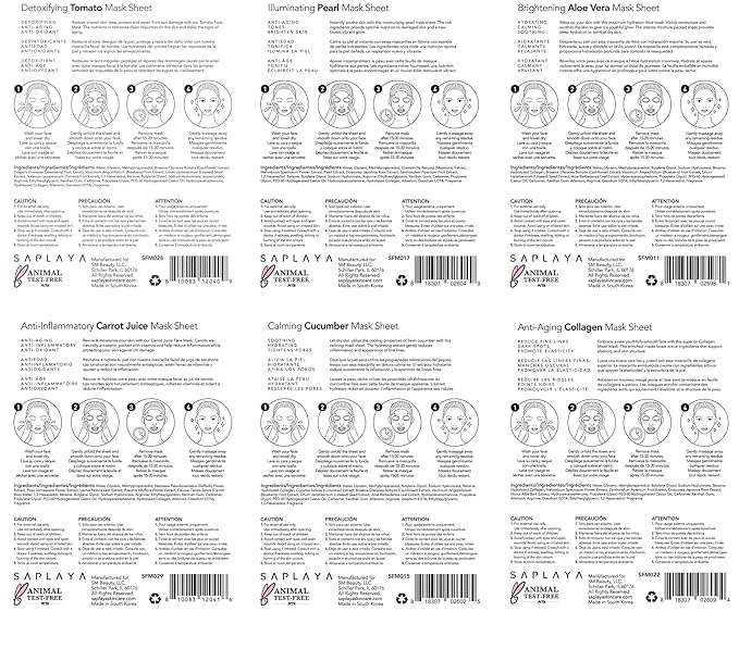 Saplaya K-Beauty Facial Skincare Natural Beauty Multi-Pack Face Sheet Masks Balanced Skin Care Made In South Korea (Hydro Boost (Cucumber, Tomato, Carrot, Aloe, Pearl, Collagen))