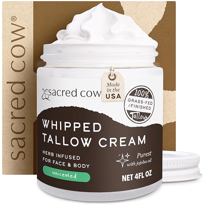 SACRED COW 100% Pure Organic Grass Fed Beef Tallow for Skin Care, Face Moisturizer, Body Butter, Hand Cream - Natural Whipped Tallow & Honey Balm Lotion Cream - Made in the USA - 4oz (UNSCENTED)