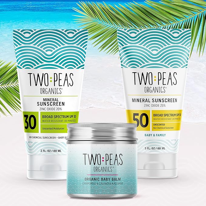 Two Peas Organics - All Natural Organic SPF 30 Sunscreen Lotion - Coral Reef Safe - Baby, Kid & Family Friendly - Chemical Free Mineral Based Formula - Waterproof & Unscented - 3oz (1 Pack)