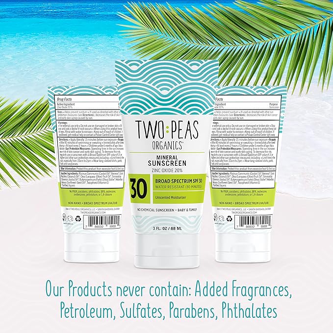 Two Peas Organics - All Natural Organic SPF 30 Sunscreen Lotion - Coral Reef Safe - Baby, Kid & Family Friendly - Chemical Free Mineral Based Formula - Waterproof & Unscented - 3oz (1 Pack)