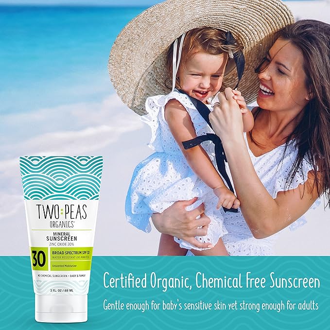 Two Peas Organics - All Natural Organic SPF 30 Sunscreen Lotion - Coral Reef Safe - Baby, Kid & Family Friendly - Chemical Free Mineral Based Formula - Waterproof & Unscented - 3oz (1 Pack)