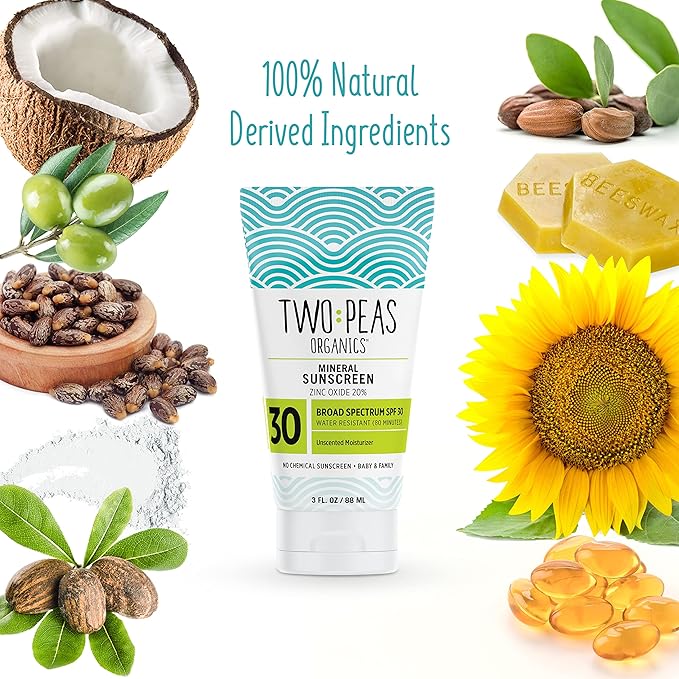 Two Peas Organics - All Natural Organic SPF 30 Sunscreen Lotion - Coral Reef Safe - Baby, Kid & Family Friendly - Chemical Free Mineral Based Formula - Waterproof & Unscented - 3oz (1 Pack)